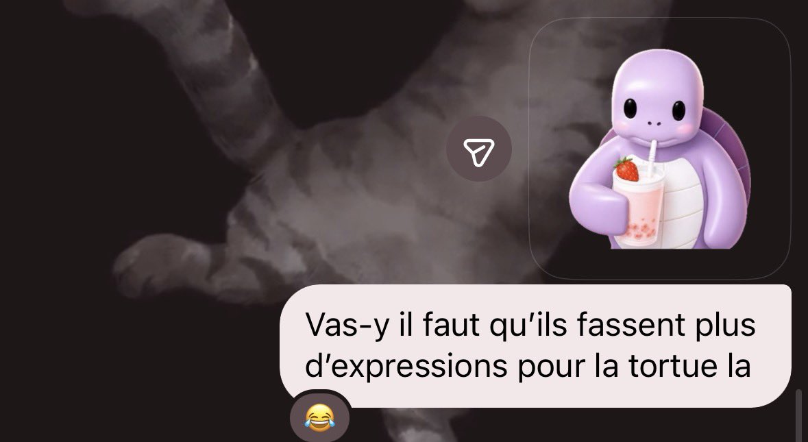 ￼￼￼je me suis mise à utiliser la tortue au sein de mes conversations comme autocollant, et on la veut sous toutes les formes !!!!!!! ITS A NEED

En plus c’est archi bien car elle peut être « dépolitisée » et intégrer inconsciemment l’esprit collectif