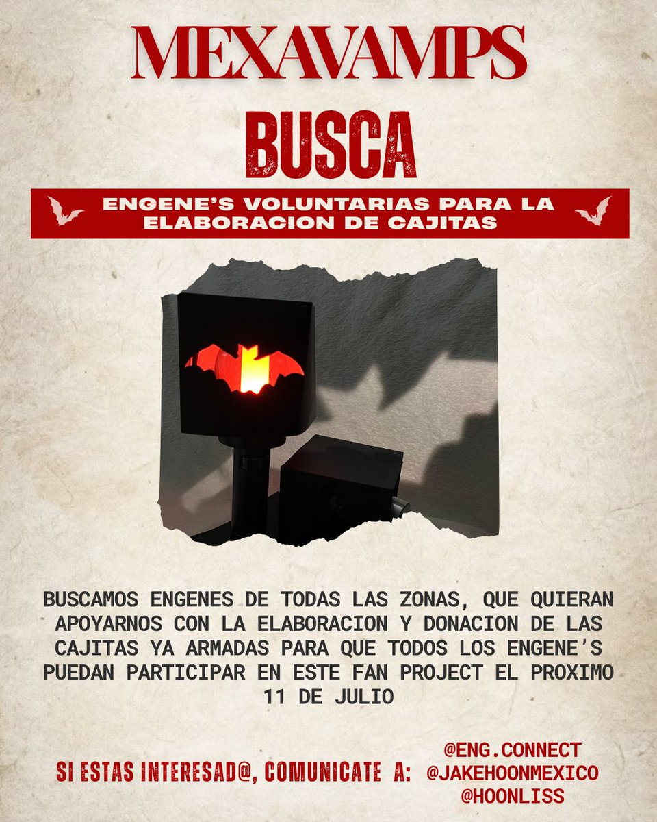 JakehoonMexico's tweet photo. Estamos en busca de vampir@s que voluntariamente quieran participar en la elaboración y donación del material ya armado (las cajitas) para el #MEXAVAMPS 🦇🩸🧛🏻‍♂️. Si estás interesada, manda mensaje privado.
@_hoonlis
@jakehoonmexico 
🔪TODAS LAS ZONAS ESTÁN INVITADAS A PARTICIPAR.🔪

Drive con tutoriales y plantilla oficial 
🔗 https://t.co/UAuLgvvFwN

#enhypen #engene #bloodsaga #enhypen_in_mexico #mexavamps