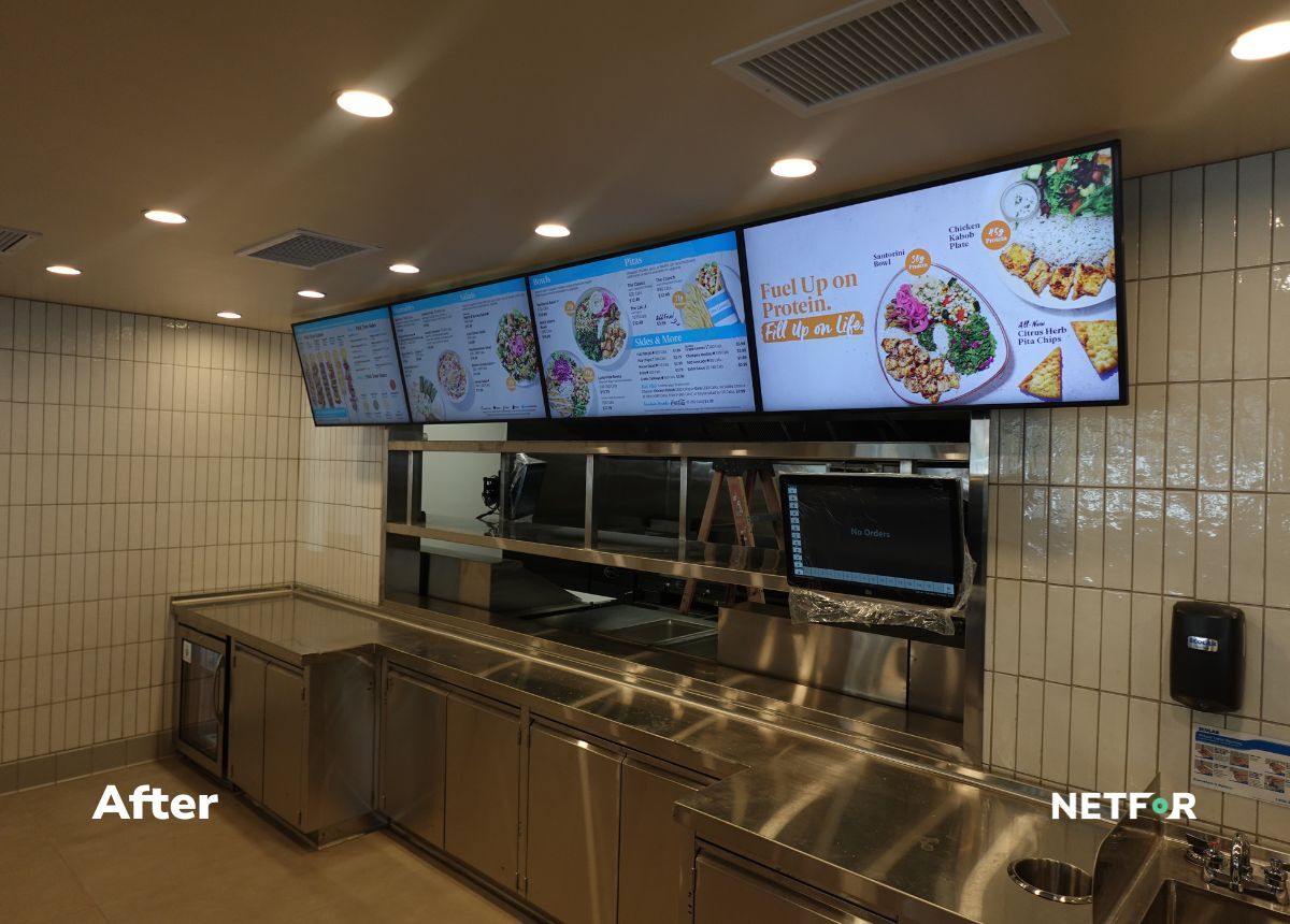netfor's tweet photo. From empty walls to live menus. A solid day's work. 🍽️

Our team was on-site at a fast-casual restaurant in San Clemente, CA this week for a full digital menu board installation. Four Samsung displays mounted, content live, and the space ready for hungry customers on opening day. https://t.co/qnJh8Edghv