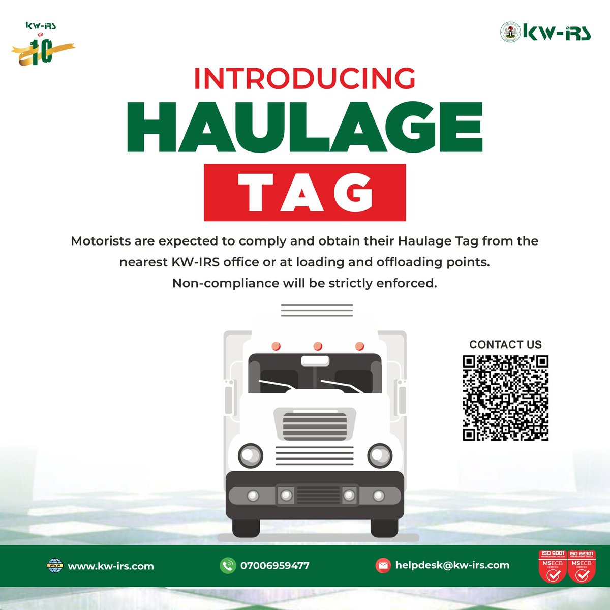 KwaraIRS's tweet photo. INTRODUCING HAULAGE TAG: Motorists are expected to comply and obtain their Haulage Tag from the nearest KW-IRS office or at loading and offloading points.

Non-compliance will be strictly enforced.

#Kwirs #HaulageTagInKwaraState https://t.co/d19SvHn4Qa