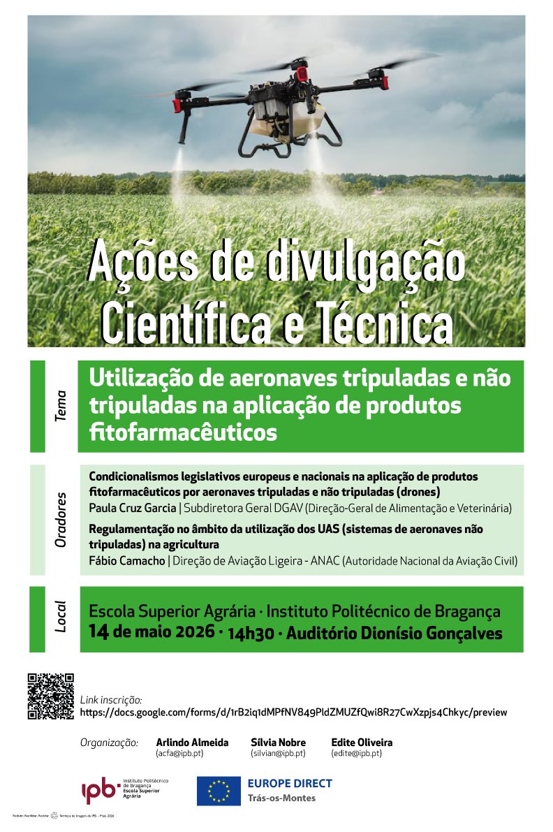 DGAVpt's tweet photo. Utilização de aeronaves tripuladas e não tripuladas na aplicação de produtos fitofarmacêutico

📌14 de maio 2026 · 14h30 · Auditório Dionísio Gonçalves ESA-IPB

Paula Cruz Garcia , Subdiretora-Geral da DGAV, participa como oradora. 

Inscrições: https://t.co/B6pCY30Dco https://t.co/QuP2RoSoCA