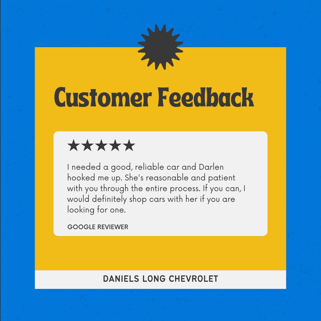 dlchevrolet's tweet photo. Thank you for your kind words! We’re glad Darlen was able to help you find a reliable vehicle. We truly appreciate your recommendation and look forward to welcoming you back to Daniels Long Chevrolet in the future. https://t.co/4UuOrT0AZ0