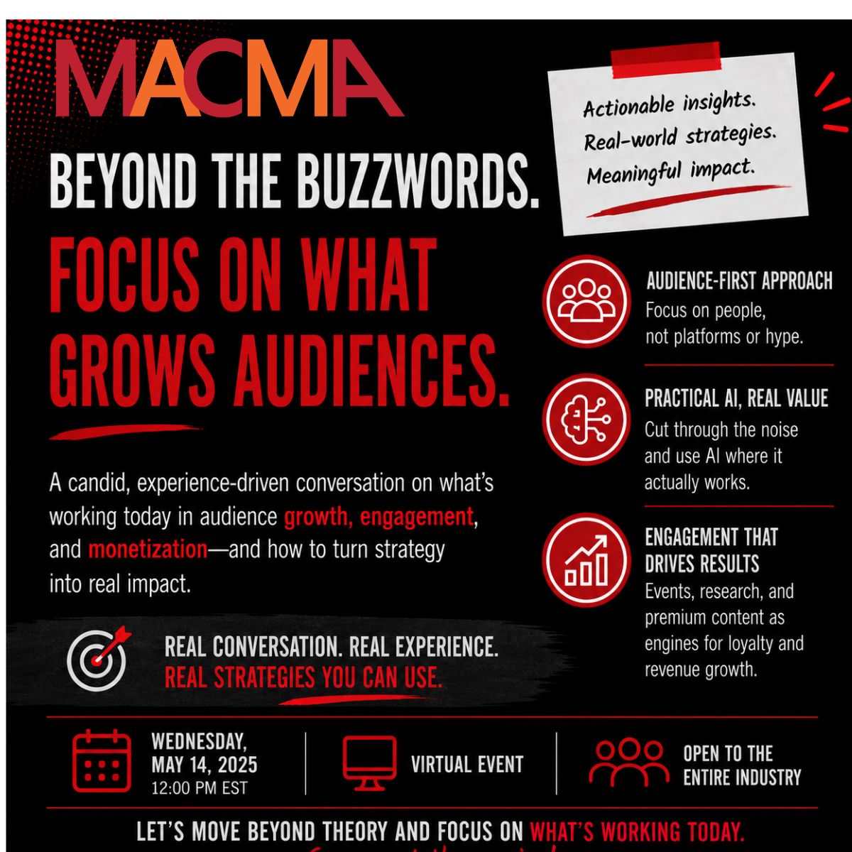 The_MACMA's tweet photo. Join us on Thursday, May 14th for a virtual event- FREE for all!

A conversation focused on what’s driving audience growth.  Practical insights, real strategies, and actionable takeaways.

#wheretheconversationhappens#Learnfromthebest

Register today https://t.co/YZSmMNlsW7 https://t.co/HUUMg7m8hH