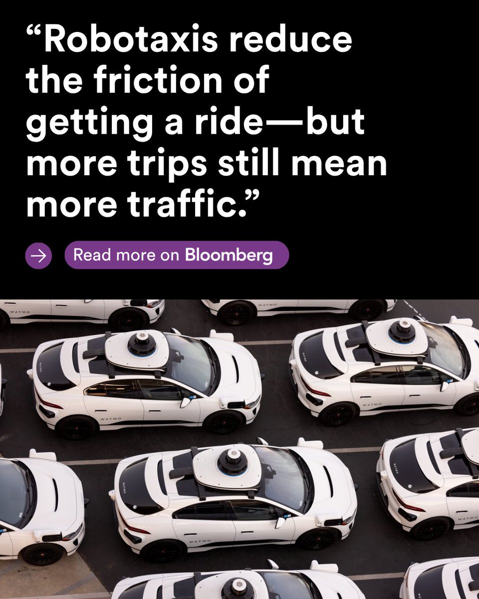 glydways's tweet photo. A self-driving car stuck in traffic is still just a car…stuck in traffic.

@Bloomberg points to the “iron law of congestion”: when movement gets easier, demand increases. Robotaxis reduce the friction of getting a ride—but more trips still mean more traffic.

That's AV 1.0. It places a powerful technology into a system built to limit it.

AV 2.0 replaces the system entirely–Flow Network. A fully autonomous, fully coordinated network built for continuous and abundant flow of people at a radically lower cost.

Read more in Bloomberg. https://t.co/ijEEltSpt7