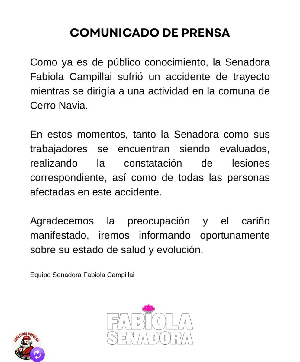 agenciaunochile's tweet photo. La senadora Fabiola Campillai sufrió un accidente de tránsito la mañana de este jueves en la comuna de Cerro Navia, mientras se dirigía a una actividad.  

Según Carabineros, el vehículo en que viajaba colisionó con otro automóvil en la intersección de Araucanía con Río Baker. El hecho dejó tres lesionados, aunque preliminarmente las lesiones no serían de gravedad.

📸©AgenciaUno/Hans Scott