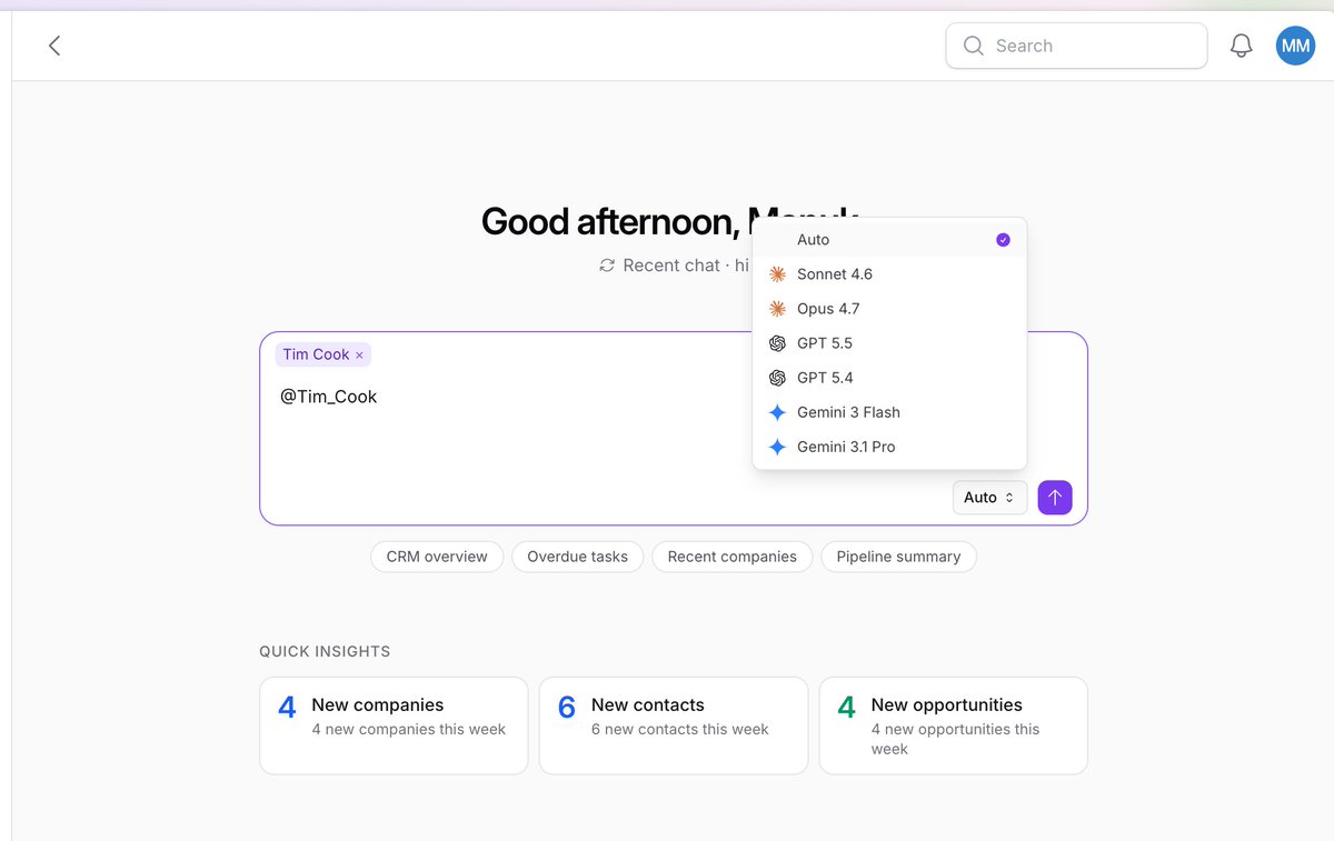 MinasyanManuk's tweet photo. Coming to @Relaticle in days.

Chat with your CRM. @mention any contact, deal, or task. Pick Sonnet, Opus, GPT-5, or Gemini — or let Auto route to the right model.

Open-source CRM, AI-native. https://t.co/Zdy5tE9K41