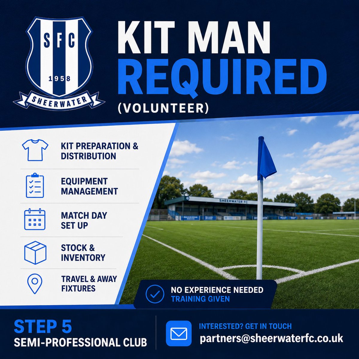 Sheerwaterfc's tweet photo. Would you like to get involved with a rising local semi-professional step 5 football club. We are on the lookout for a kit man for the upcoming 2026-27 season.

Could that be you. If you are interested get in touch.

#football #kitman #lendahand #getinvolved https://t.co/4qu2X3iRiw