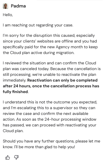 Graticle's tweet photo. @Hostinger @Hostinger UNBELIEVABLE: After admitting you deleted my server without consent, you're now claiming I have to wait 24 HOURS for a "system process" before you can fix it? My clients are offline because of YOUR manual error.  Manual fix NOW. #HostingFail #Downtime https://t.co/1kqqTSZskA