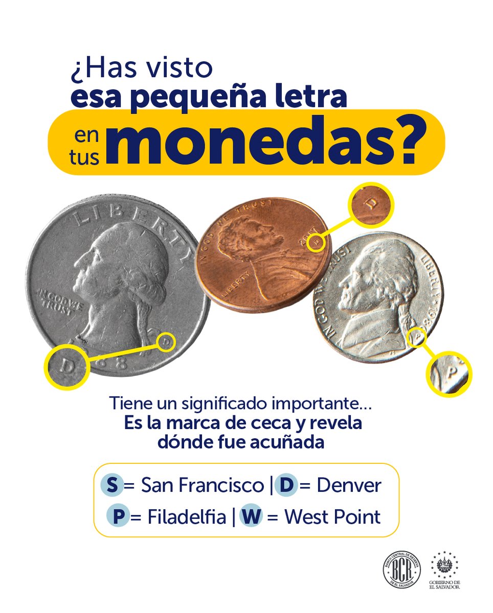bcr_sv's tweet photo. Puede parecer solo una letra… pero dice mucho. Esta se conoce como marca de ceca, y permite identificar la casa de acuñación, convirtiéndose en una pista clave sobre su origen 🏦. La próxima vez que tengas una moneda en la mano, obsérvala de cerca 🔎🪙. https://t.co/MaHaolUuyd