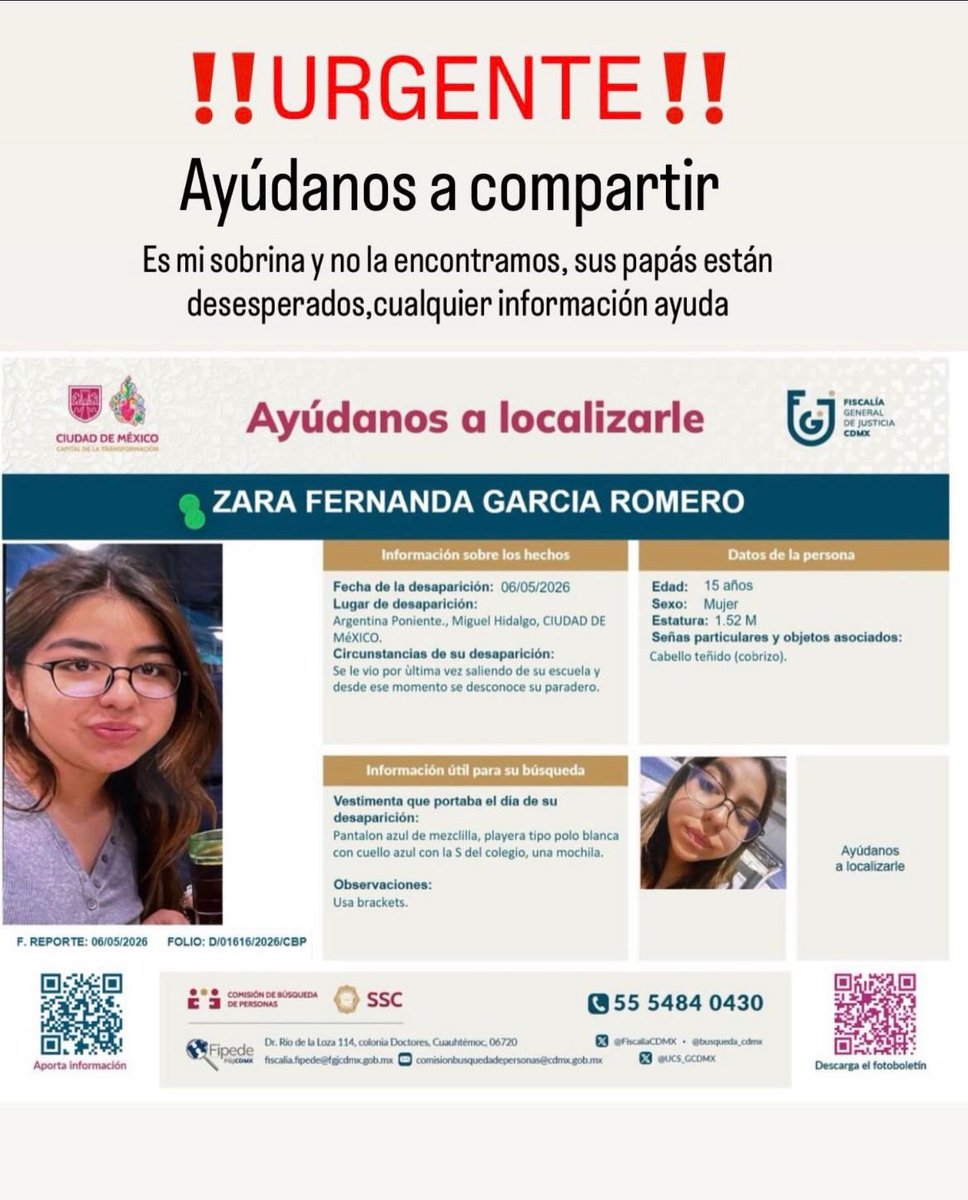 Ayuda‼️ favor de compartir 
No sabemos nada de Zara desde ayer 06 mayo 2026, tiene 15 años se salió antes de la escuela 3:00 cuando tenía que quedarse a actividad deportiva 5:00, sus papás siempre van por ella pero ya no estaba, no sabemos porque salió ni con quien, no lleva