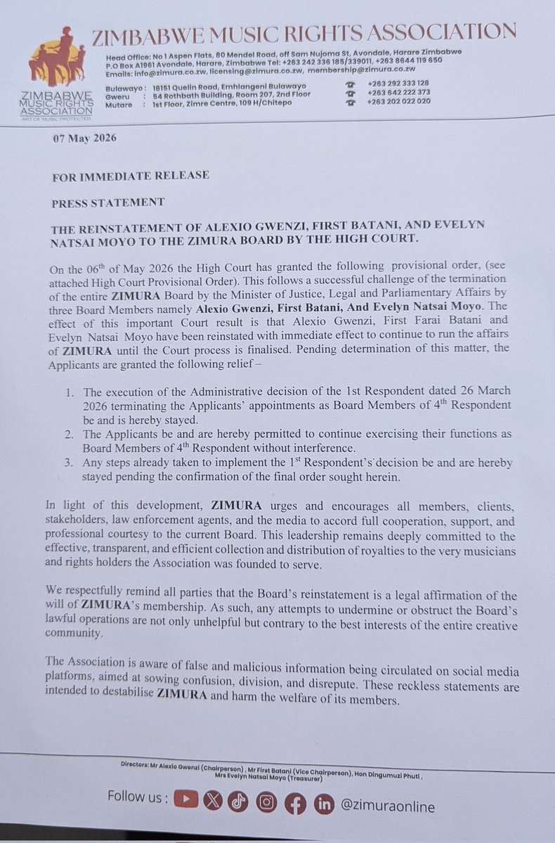 Zimbabwe Music Rights Association (ZIMURA) tweet media