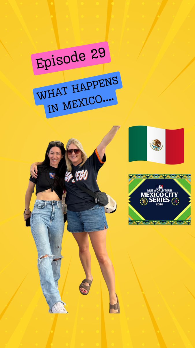 Padresplaydates's tweet photo. EP 29: WHAT HAPPENS IN MEXICO… 🇲🇽⚾️
CDMX is officially our new personality. Bogey &amp; Campy are HOT, Dodgers fans were everywhere, and that ump call on Mason Miller was CRIMINAL.
🎙️ New Padres &amp; Playdates out now https://t.co/7kgclU57IF
