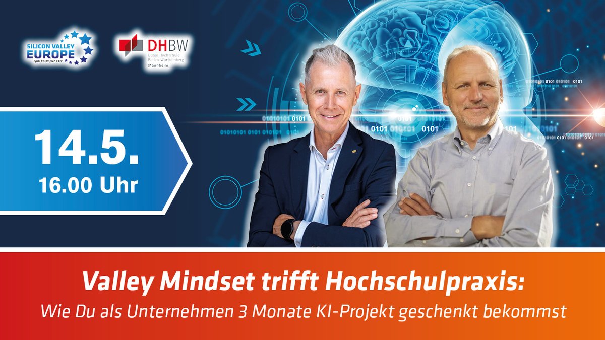 Gerald_Lembke's tweet photo. 🚀 Kostenloses KI-Projekt statt teurer Beraterrechnung: Warum noch zögern, wenn Ihr Unternehmen 3 Monate KI-Power geschenkt bekommt?silicon-valley-europe

Viele Mittelständler wissen, dass sie „etwas mit KI machen müssen“ – aber nicht, wo sie anfangen sollen. Im Rahmen des Events „Valley Mindset trifft Hochschulpraxis“ 

am 14. Mai 2026 um 16 Uhr 

zeigen wir, wie Sie als Unternehmen ein dreimonatiges KI-Projekt gewinnen können – praxisnah, datenbasiert und direkt auf Ihr Business zugeschnitten.

Was Sie als Unternehmer:in, Geschäftsführer:in oder Personaler:in konkret mitnehmen:

Klarheit, wo KI in Ihrem Unternehmen heute wirklich Wert schafft – jenseits des Hypes.silicon-valley-europe

Zugriff auf ein hochqualifiziertes Hochschul-Team, das 3 Monate lang eine konkrete KI-Lösung für Ihren Use Case entwickelt.silicon-valley-europe

Zugang zum Silicon-Valley-Europe-Netzwerk mit geprüften IT- und KI-Expert:innen aus ganz Europa.

Wenn Sie KI nicht mehr nur auf Folien diskutieren, sondern endlich in Ergebnisse, Prozesse und EBIT übersetzen wollen, ist das Ihre Einladung.

👉 Hier kostenfrei registrieren und dabei sein im Silicon Valley Club https://t.co/B9i79EGYB1:
