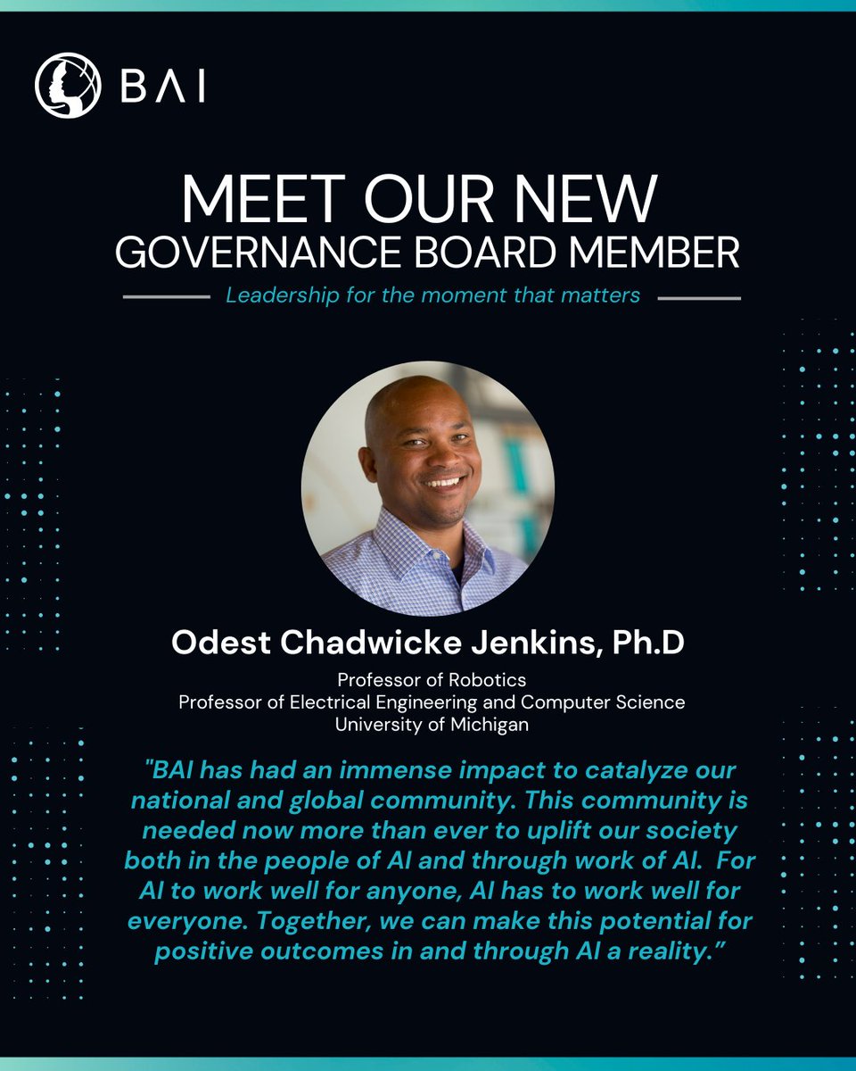 black_in_ai's tweet photo. Thrilled to welcome Odest Chadwicke Jenkins, Ph.D. to our Board of Directors. Professor of Robotics &amp; EECS at University of Michigan. The future of AI must include us. With leaders like Chad, we are making sure it does.

Press Release: https://t.co/zmZ7pGKnO9
#BlackInAI #Robotics https://t.co/E6XfL94Bh7