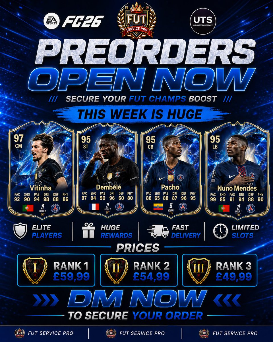 FutServicePro's tweet photo. 🚨 LIGUE 1 TOTS PREORDERS ARE NOW OPEN 🚨

Vitinha, Dembélé, Pacho, Nuno Mendes… this week is absolutely stacked 😮‍💨🔥

If you want to secure one of the BEST FUT Champs reward weeks, now is the time.
Limited spots and they won’t last long 👀

📩 DM NOW before we’re full https://t.co/pBvBfIxSBz