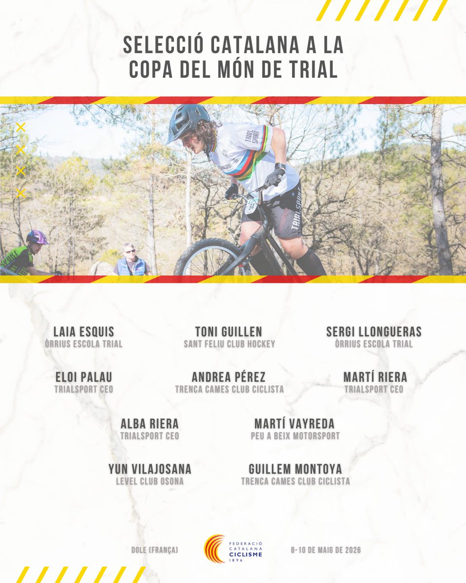 ciclismecat's tweet photo. 🆕 La selecció catalana, a la Copa del Món de Trial

10 seleccionats representaran els colors del #ciclismecat aquest cap de setmana a l'obertura de la Copa del Món a Dole (França).

+ info 👉 https://t.co/2btmw8b6GD https://t.co/SIQp458lWo