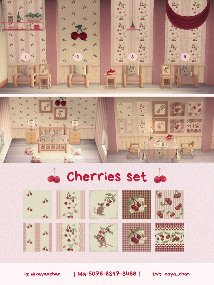 xaya_chan's tweet photo. ⌞my design⌝

⊹₊ ˚‧ ̊inspired by @opu_78193 ‧ ˚ ₊⊹

I made these cherry-themed designs for Wildberry  because I couldn’t find any in the style I wanted ♡ so I decided to share my own! Hope you like them 🍒

#acnh #acnhdesigns #あつ森 #マイデザイン https://t.co/5HcQtU4FvM