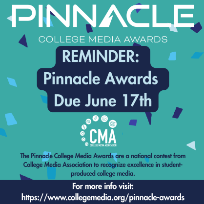 collegemedia's tweet photo. Advisors, the clock is ticking! Submit the work of your students to the @collegemedia Pinnacle College Media Awards before the deadline! https://t.co/sb8R1gK9Iv