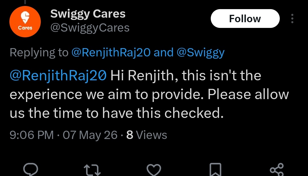 RenjithRaj20's tweet photo. How much time you need? It's been more than 24 hours since we raised the issue in app. Neither Swiggy nor the restuarant personal contacted us. Such a worst customer service..... @Swiggy @SwiggyCares @jagograhakjago https://t.co/Mdy6YC0SyA