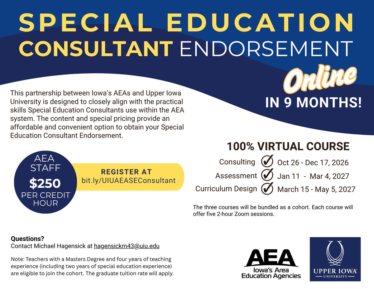 KeystoneAEA's tweet photo. Iowa's Area Education Agencies have teamed up with Upper Iowa University to offer a streamlined path for those seeking their Special Education Consultant Endorsement!  All online and in just nine months! 

Register: https://t.co/RJiHCzHiPu https://t.co/MHHNx8Dusi