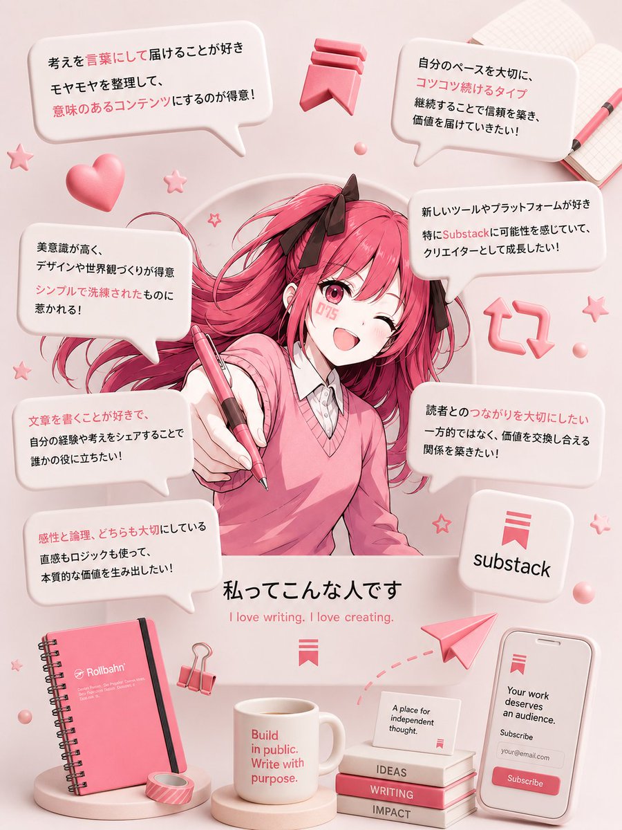 Substackで待ってます‼️
名前で検索すれば見つけられるはず。
手帳やノートがメイン、データセンターAI関連がサブ。
画像は、まとさん作成の自己紹介プロンプトを参考にして作ってみました。