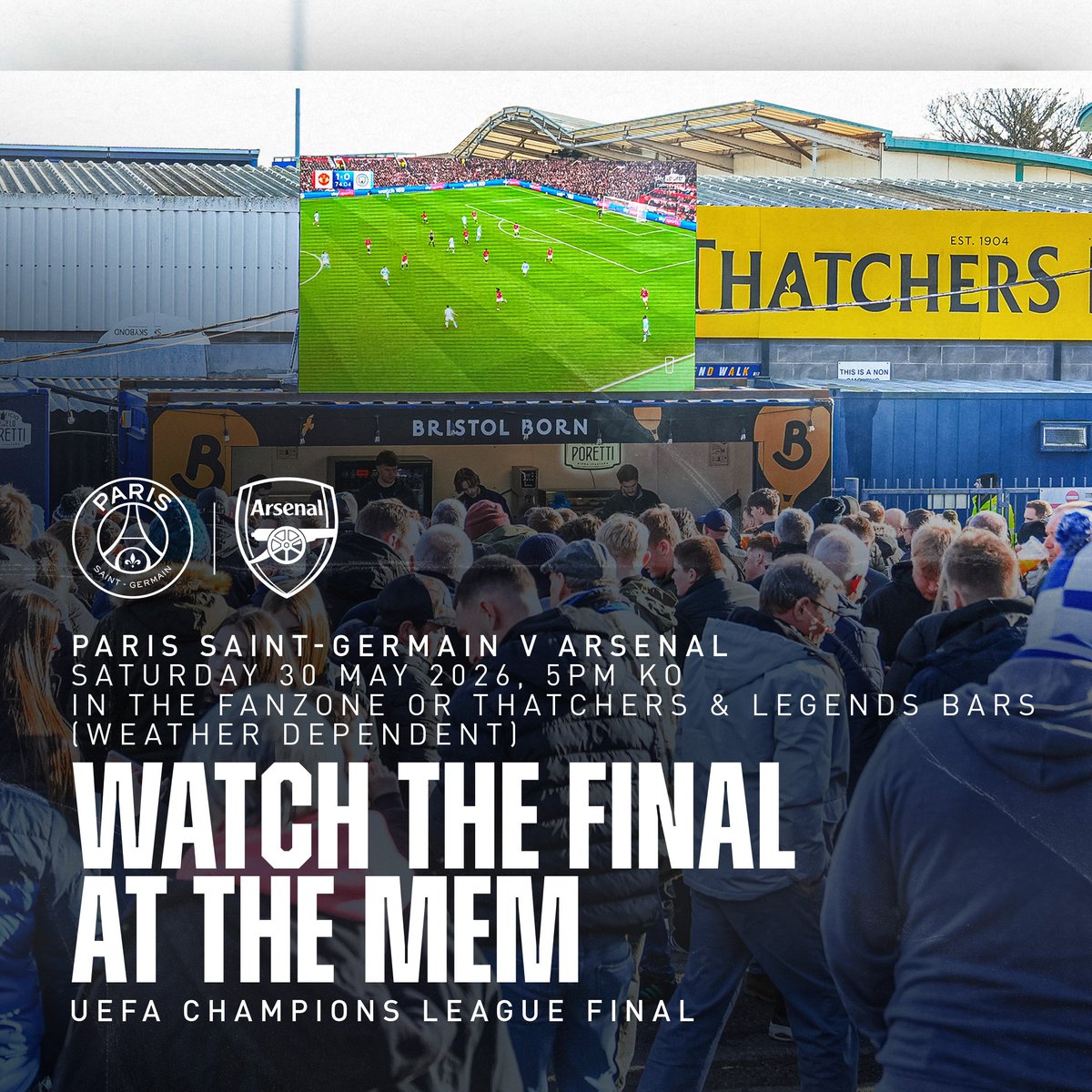 Official_BRFC's tweet photo. The Champions League Final between PSG and Arsenal will get underway tomorrow! 🍿

Come along and watch the match at The Memorial Stadium where you can enjoy all day Happy Hour, burger deals, live music and more. 🏟️

Claim your free ticket today! 🎟️
