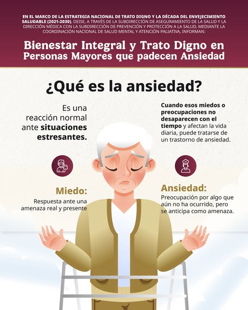 🧠 Sentir preocupación ante situaciones difíciles es una reacción natural, pero cuando el miedo y la ansiedad 😨 permanecen y afectan la vida diaria, es importante buscar apoyo.

👵👴✨ Cuidar su salud mental también es cuidar su calidad de vida. 🤓