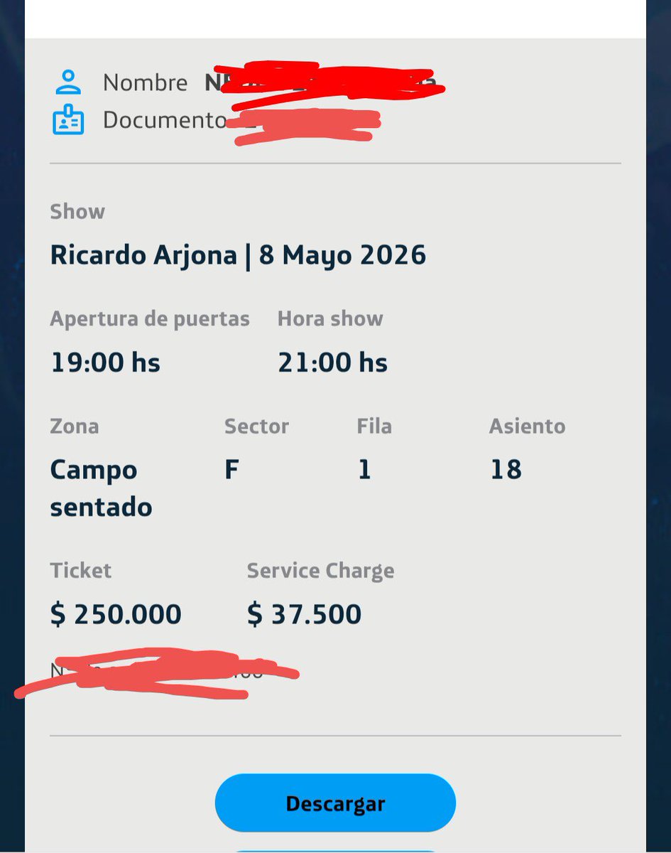 mi madre tiene una entrada para arjona mañana viernes porque no va a ir!!
queda en 250