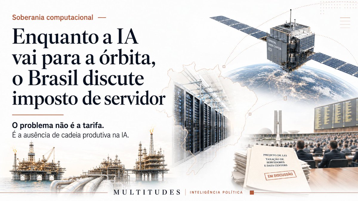 adaocand's tweet photo. @FlavioBolsonaro  promete revogar a tarifa de 25% sobre data centers, se eleito. Acerta no sintoma. Erra no diagnóstico. E omite o ponto central: o próprio governo @LulaOficial  apresentou, no mesmo mês, um projeto de lei que isenta exatamente esses tributos.
A Resolução GECEX 852, de fevereiro, elevou a tarifa. O PL 278/2026, também de fevereiro, recria o REDATA — regime que suspende essa mesma tarifa. A Câmara aprovou. O Senado ainda não.
Resultado em maio de 2026: a tarifa está vigente, o regime que a compensaria não está. Mesmo governo, mesmo mês, dois movimentos em sentidos contrários.
Mas o problema real é maior.
Em 6 de maio, Anthropic e SpaceX anunciaram acordo: 300 megawatts e 220 mil GPUs no data center Colossus 1, em Memphis. E declararam interesse em desenvolver capacidade computacional orbital em múltiplos gigawatts. Data centers no espaço.
Enquanto o Brasil discute imposto de servidor terrestre, o mundo já negocia infraestrutura de IA fora do planeta.
Em 1953, Vargas criou a Petrobras. Identificou o eixo de poder do século XX e construiu instituições à altura. O recurso estratégico do século XXI já não é energia primária — é capacidade computacional em escala. E o Brasil ainda discute o problema dos anos 50, com o vocabulário dos anos 50.
A cadeia produtiva da IA tem cinco camadas: energia, hardware, hash power, modelos, aplicação. O Brasil tem só as duas pontas — energia e consumo. As três do meio, onde está o poder, ficaram fora.
Mesmo que a tarifa seja revogada amanhã, sem chips, sem modelos nacionais, sem hash power, sem dados governados, sem talento em escala — o que se atrai é colocation, não soberania.
A tarifa não é o tema. A ausência de cadeia produtiva da IA é o tema.
Análise completa no novo número da newsletter da Multitudes: 🔗 https://t.co/F0laq9y8Uz
#Eleições2026 #InteligênciaArtificial #SoberaniaDigital #DataCenters #PolíticaIndustrial