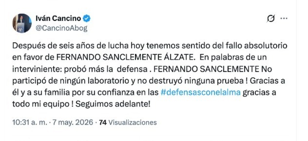 UltimaHoraCR's tweet photo. #ATENCIÓN | El abogado Iván Cancino (@CancinoAbog) celebró la decisión de la juez 50 Penal del Circuito con Función de Conocimiento de Bogotá que absolvió al exembajador de Colombia en Uruguay, Fernando Sanclemente, luego de seis años de un intenso debate judicial. 

La decisión se basó en que la @FiscaliaCol no probó que se haya destruido ningún elemento material probatorio relacionado con el laboratorio de procesamiento de cocaína en Guasca. 

Vía: @JennyAngaritaG 
https://t.co/woHMRjWbSk