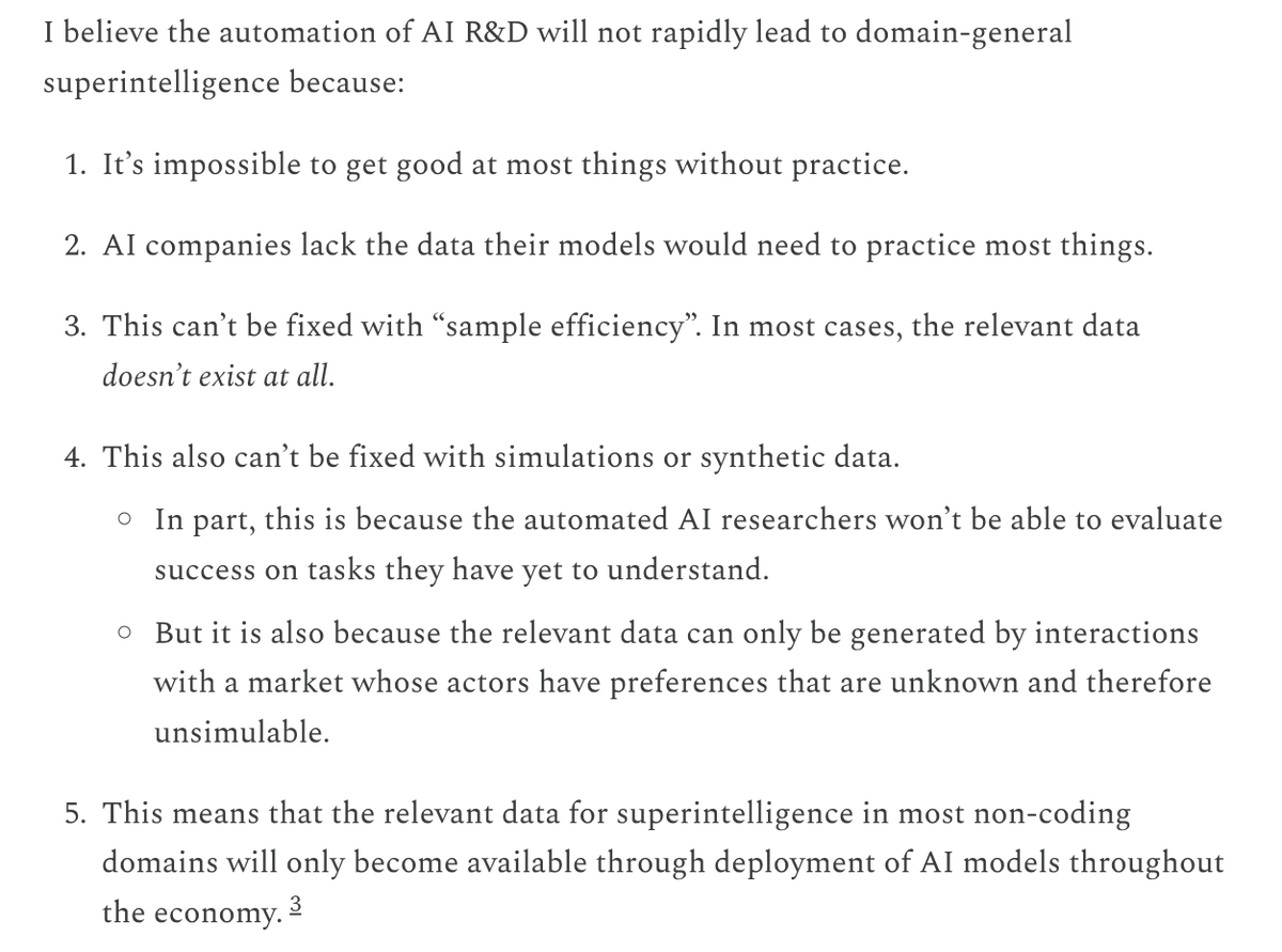 mentalgeorge's tweet photo. In many ways the argument I'm forwarding isn't new: I basically think that AI companies won't have the data to produce domain-general superintelligences.

But I think this holds even if "sample efficiency" improves dramatically.

I also don't think the missing data can be simulated.