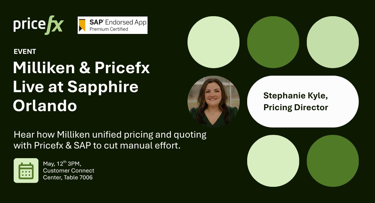 Price_fx's tweet photo. Heading to SAP Sapphire Orlando? Don’t miss our joint session with Milliken to see how they streamlined pricing and quoting using Pricefx and SAP.

📍 Customer Connect Center, Table 7006 | 🗓 May 12, 3 PM | Speaker: Stephanie Kyle, Pricing Director https://t.co/2qOlIvfpjq