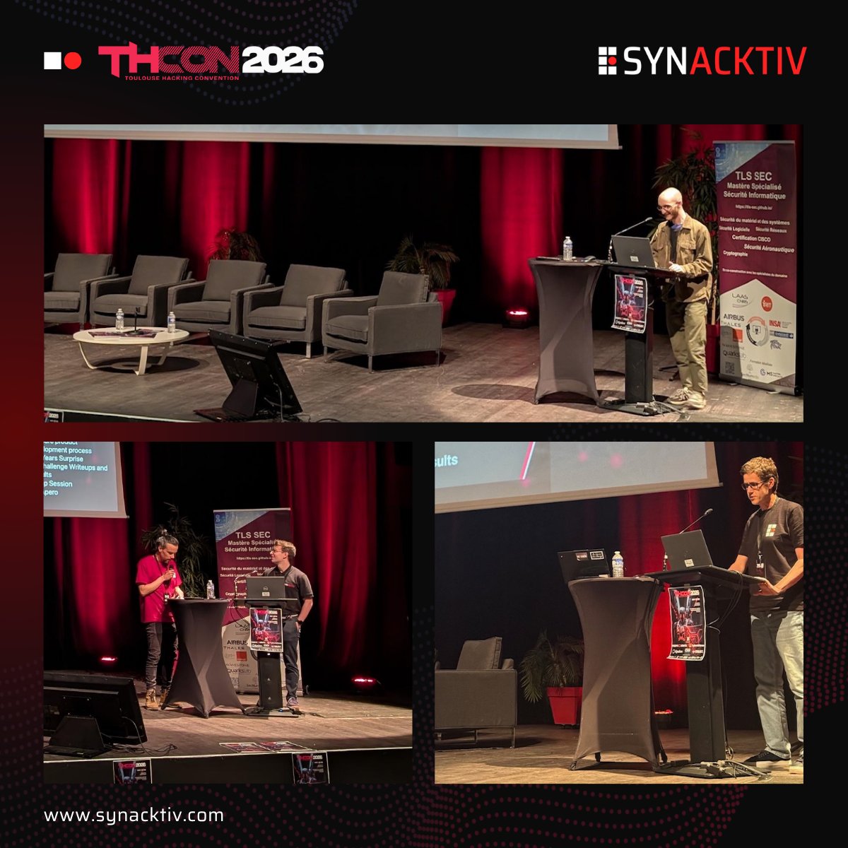 Synacktiv's tweet photo. Back from @ToulouseHacking 2026 🔥

Our teams had the pleasure of speaking once again this year, sharing research and real-world offensive security insights from the field:

📡 Wi-Fi pentesting in 2025 & WPA3 bypasses - Quentin
🛡️ Cross-domain & cross-forest RBCD - Simon
🏴 THCON pre-challenge write-up - @0xf4b 

Great job to all of them 👏