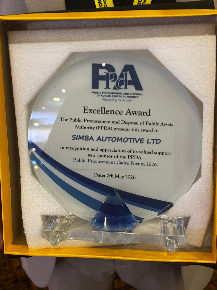 SimbaAutomotiv1's tweet photo. We are honoured to receive an Appreciation Award from @PPDAUganda in recognition of our partnership and support for the Public Procurement Cadre Forum 2026.

The award was presented to us by the Executive Director of PPDA Uganda, Benson Turamye, a testament to the strong partnerships and shared commitment towards driving impactful conversations around procurement and business process reforms.

#RegulatingForResults #SimbaAutomotives