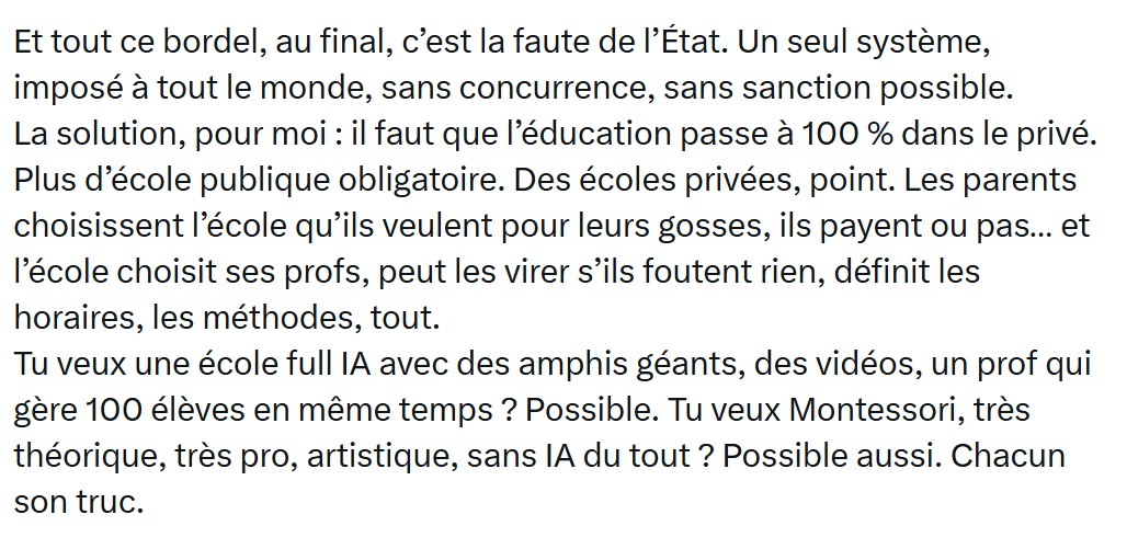 MathdeProf's tweet photo. Le refrain du "privatiser l'école" n'a rien de nouveau.
Le problème, c'est que la justification sous-jacente ne tiens jamais la route.

Je n'ai rien contre la privatisation par principe ; il y a plein de domaine où c'est très pertinent.

Mais l'école n'en fait pas parti.⬇️ https://t.co/Md87ARcEuj