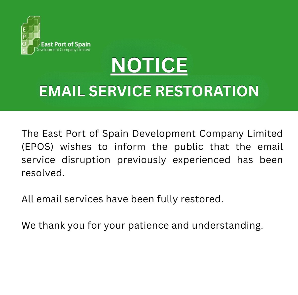 eposdc's tweet photo. NOTICE: EMAIL SERVICE RESTORATION https://t.co/s2oTaudffr