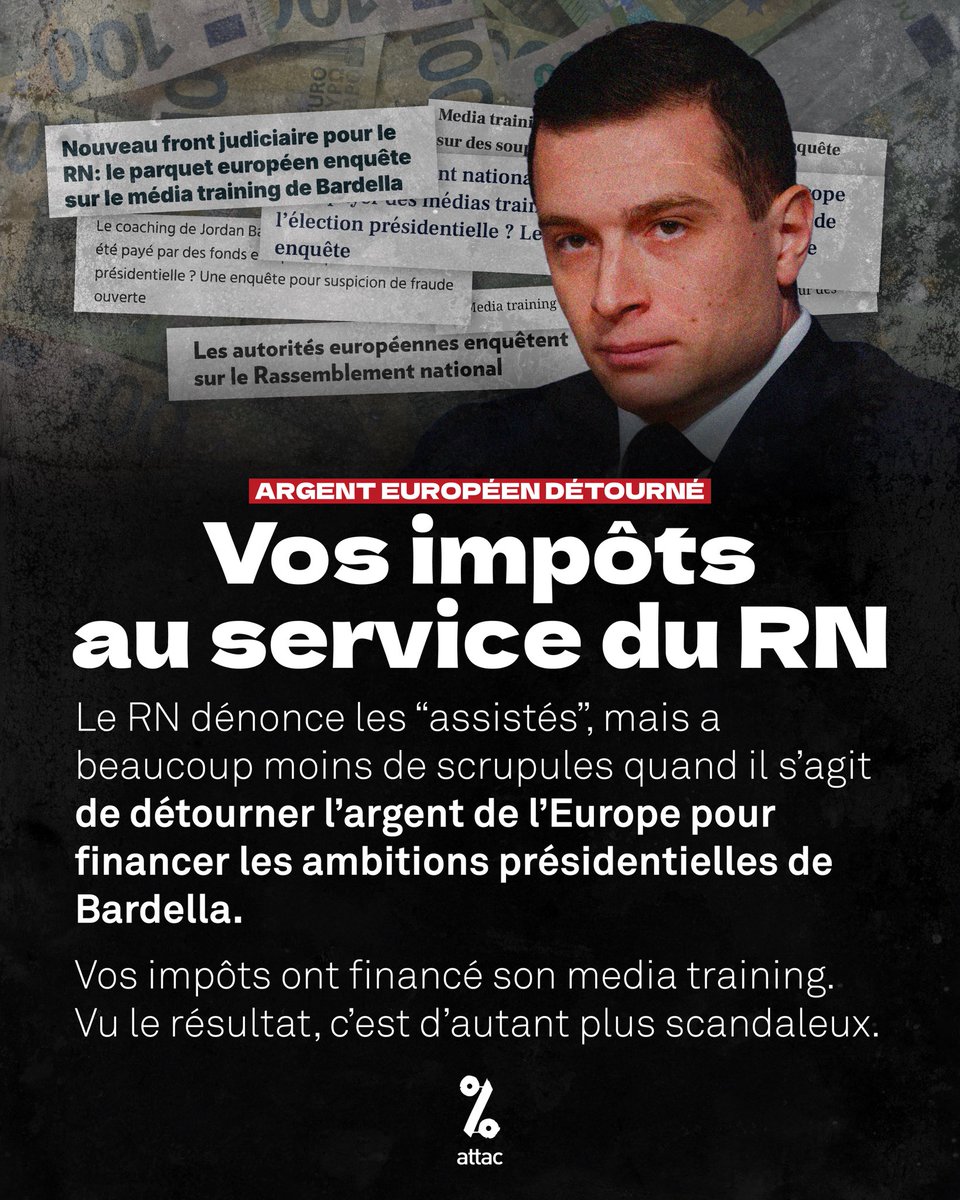 Le RN dénonce les "assistés", mais a
beaucoup moins de scrupules quand il s'agit de détourner l'argent de l'Europe pour financer les ambitions présidentielles de Bardella.

Vos impôts ont financé son media training. Vu le résultat, c'est d'autant plus scandaleux.