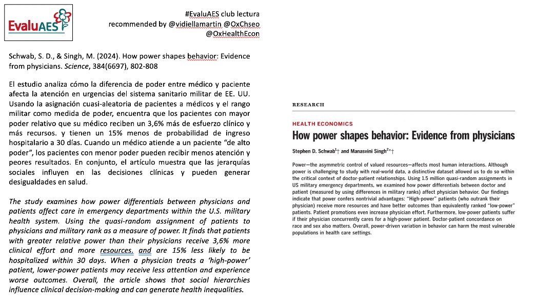 AESeconsalud's tweet photo. 📕 #ClubDeLectura #EvaluAES por @vidiellamartin (@OxChseo @OxHealthEcon)
Schwab, S. D., & Singh, M. (2024). "How power shapes behavior: Evidence from physicians." Science, 384(6697), 802-808.
🔗 https://t.co/8VnI4SlT5p https://t.co/Zmtt6dHT5B