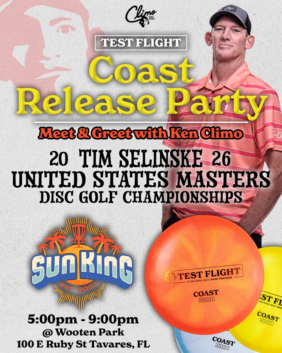 ClimoDiscGolf's tweet photo. Release Party Information

We can’t wait to share the new Test Flight Coast with you! Join us Friday May 8th from 5 to 9 PM for an exclusive in-person release of the Test Flight Coast. Stop by, say hi and grab your new favorite 6 speed disc! 

Location: 

Wooten Park w/ Sun King
100 E Ruby St
Tavares, FL 32778