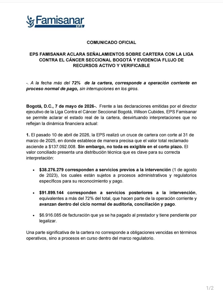 EPS_Famisanar's tweet photo. #Comunicado 📰 I EPS Famisanar aclara señalamientos sobre la Liga Contra el Cáncer seccional Bogotá y evidencia flujo de recursos activo y verificable. Más info aquí ➡️ https://t.co/0H66OPB0yG https://t.co/ZpniieJAYK
