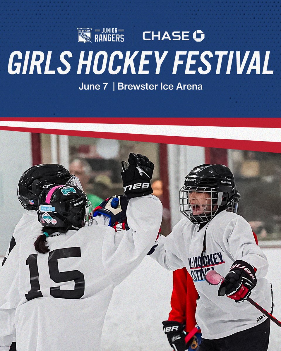 JuniorRangers's tweet photo. The Junior Rangers Girls Hockey Festival is BACK! Join us for a fun day of games, clinics, meet-and-greets and more to celebrate the end of a fantastic season pres. by @Chase.

📆 June 7
📍Brewster Ice Arena
👧 Ages 5-12
🏒 All skill levels

Register here → https://t.co/7aySyal3fW