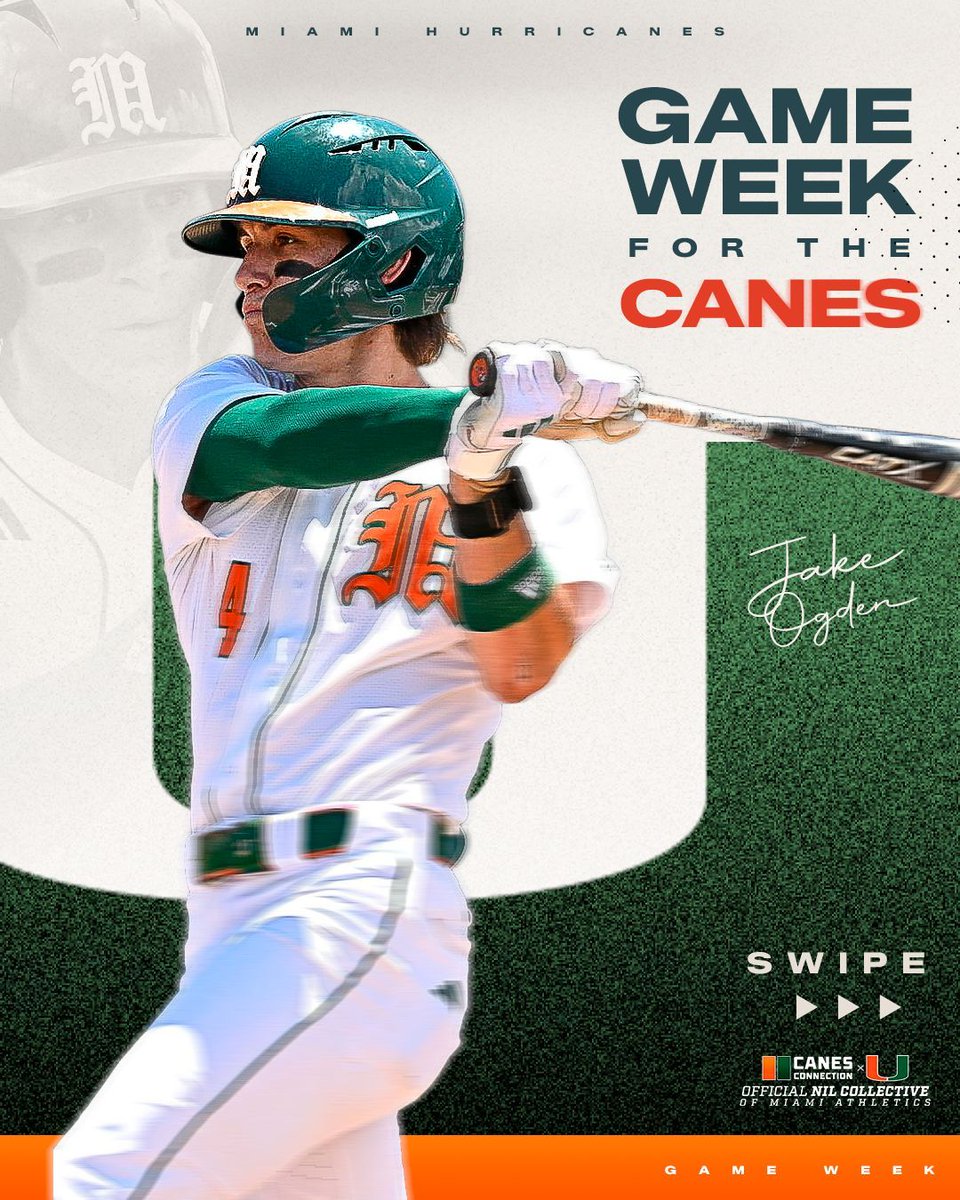 CanesConnection's tweet photo. Our Canes are on fire and so close to making it into the NCAA tournament. Every pitch, every inning, every win counts. 
 
Help us cheer on our Canes! Drop a 🙌🏻 to let them know you’re rooting for them! 
 
💬 @jakeogden14 #CanesConnection #CanesBaseball #CollegeAthletes #MiamiHurricanes #GoCanes