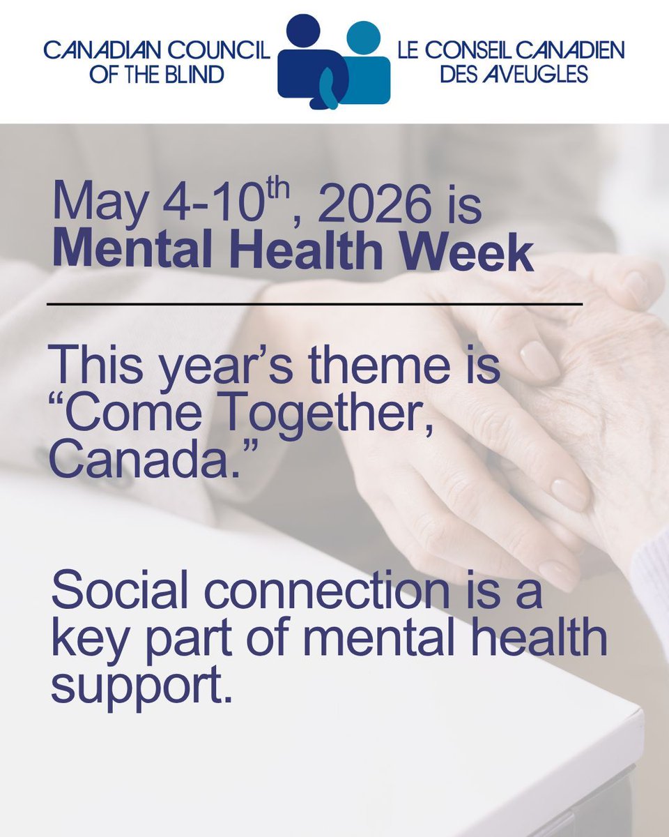 CCBNational's tweet photo. During Mental Health Week, CCB is reflecting on the power of social connection. Supportive communities have a lasting impact on mental health and well-being.

As we work toward a more accessible Canada, we must strengthen inclusive spaces. For more info: https://t.co/hfClXteKQU https://t.co/revE9Yvpzm