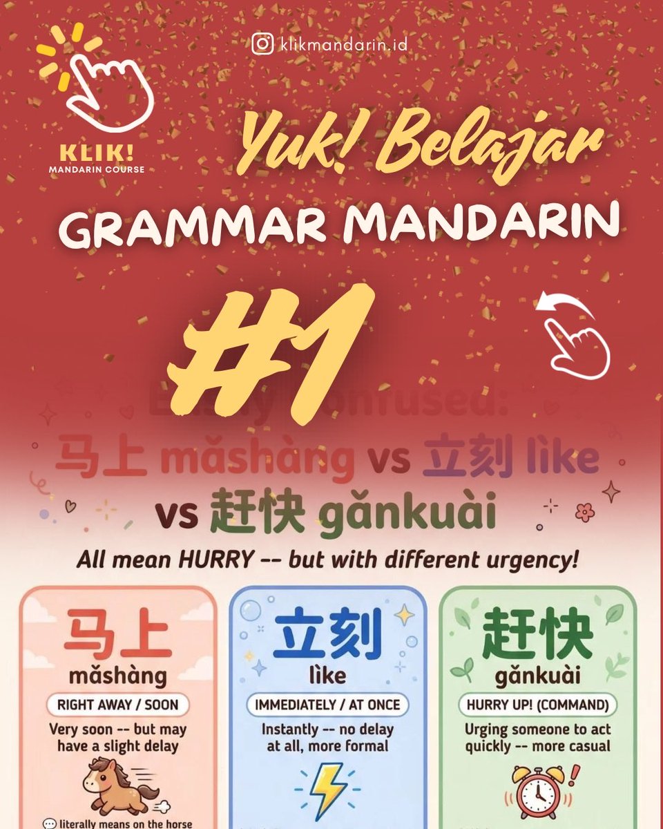 KlikMandarin's tweet photo. ๐ Yuk next level lagi!
Sekarang kita pelan-pelan mulai bahas ilmu Mandarin yang lebih menantang, yaitu GRAMMAR~
Yuk, coba dibaca dan lihatโฆ
Kamu udah tahu belum cara pakai dan bedanya? ๐
#BelajarMandarin #UjianHSK #KelasMandarin #LesMandarin #MandarinCourse https://t.co/eWkdFEGpNt