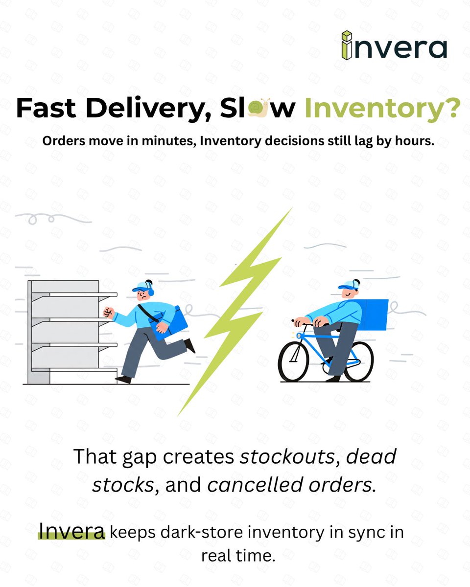 inverasolutions's tweet photo. Fast delivery means nothing if inventory lags behind. When stock updates are slow, stockouts, dead stock, and cancelled orders follow. Invera keeps dark-store inventory in sync in real time. 

#QuickCommerce #InventoryManagement #RetailTech #SupplyChainManagement https://t.co/bpg9XQKO8u