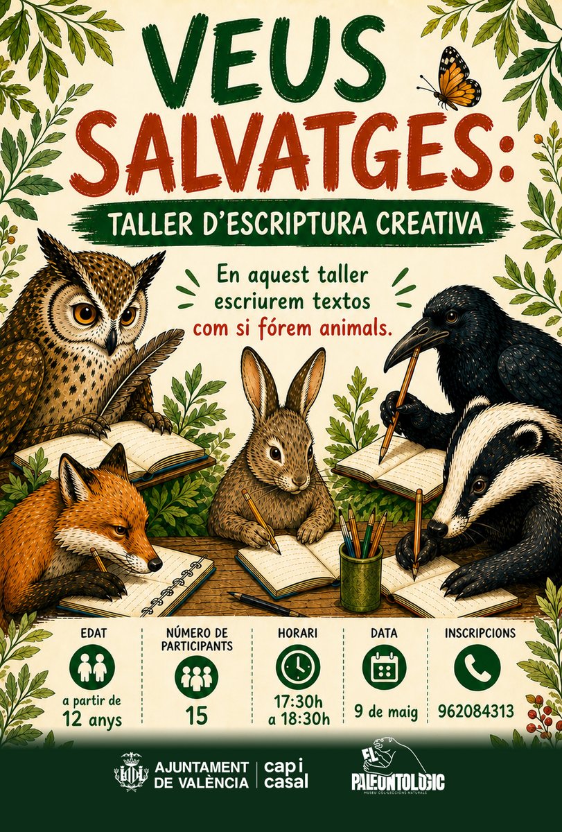 AjuntamentVLC's tweet photo. 📚 Este dissabte, 9 de maig, la literatura també s’explora a 'El Paleontològic' perquè el museu obri les portes a dos activitats, emmarcades en la #FiraLlibreVLC, que combinen imaginació i descobriment.

✍️ Taller d'escriptura creativa "Veus salvatges" (majors de 12 anys).

🦣 Gimcana "Que et menja el Megateri" (de 8 a 12 anys).

⏰ 17:30 h | 15 places per activitat

📞 Inscripcions gratuïtes ja obertes 962 084 313

Corre, que volen!