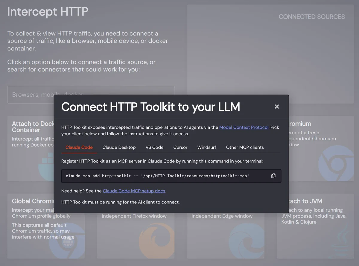 An HTTP Toolkit screenshot, showing a modal titled "Connect HTTP Toolkit to your LLM"