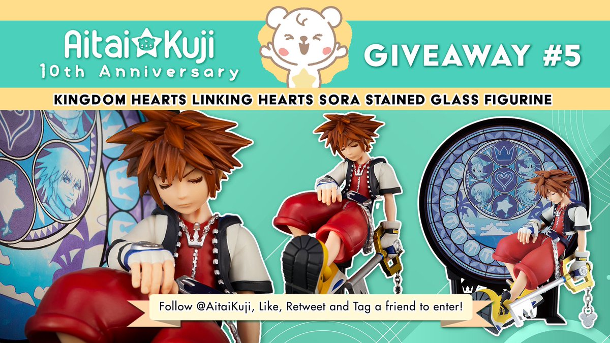 💙 𝗗𝗮𝘆 𝟱 𝗼𝗳 𝗔𝗶𝘁𝗮𝗶☆𝗞𝘂𝗷𝗶'𝘀 𝟭𝟬𝘁𝗵 𝗔𝗻𝗻𝗶𝘃𝗲𝗿𝘀𝗮𝗿𝘆 𝗚𝗶𝘃𝗲𝗮𝘄𝗮𝘆! 💙

👑 Dive to the heart of our final giveaway! 1 lucky winner can win the beloved Kingdom Hearts Sora Stained Glass figurine!

How to Enter:
⭐ Follow <a href="/AitaiKuji/">Aitai☆Kuji</a>
⭐ Like and Retweet this