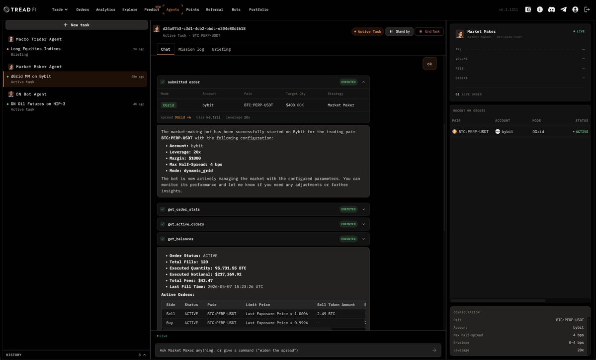 Tread Fi trading agent UI showing active market maker agents with live order execution and configuration