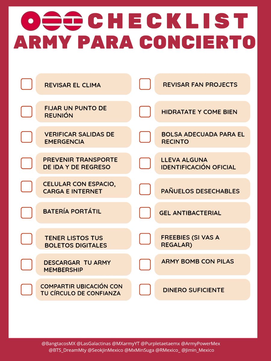 ¡POR FIN SE LLEGÓ EL MOMENTO! 😭💜

​Hicimos esta checklist para que no se nos olvide nada. Revisen todo dos veces, cuídense mucho entre ustedes y ¡disfrutemos al máximo! 💜
​
#BTSFANPROJECTSMEXICO #ARIRANG_WORLDTOUR_MEXICOCITY